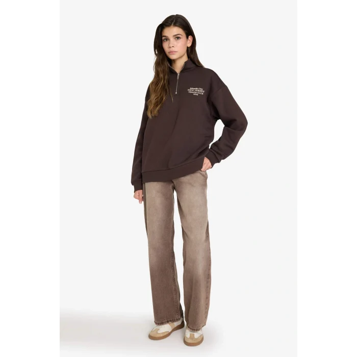 Defacto G3716AXBN338 Kahve Oversize Geniş Kalıp Yarım Fermuarlı Baskılı Sweatshirt