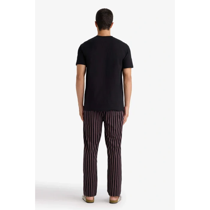 Defacto F4884AXBK81 Siyah Pijama Takımı Regular Fit Kısa Kollu Üst Çizgili Uzun Alt