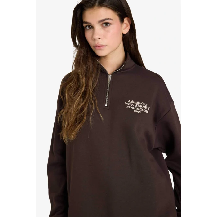 Defacto G3716AXBN338 Kahve Oversize Geniş Kalıp Yarım Fermuarlı Baskılı Sweatshirt