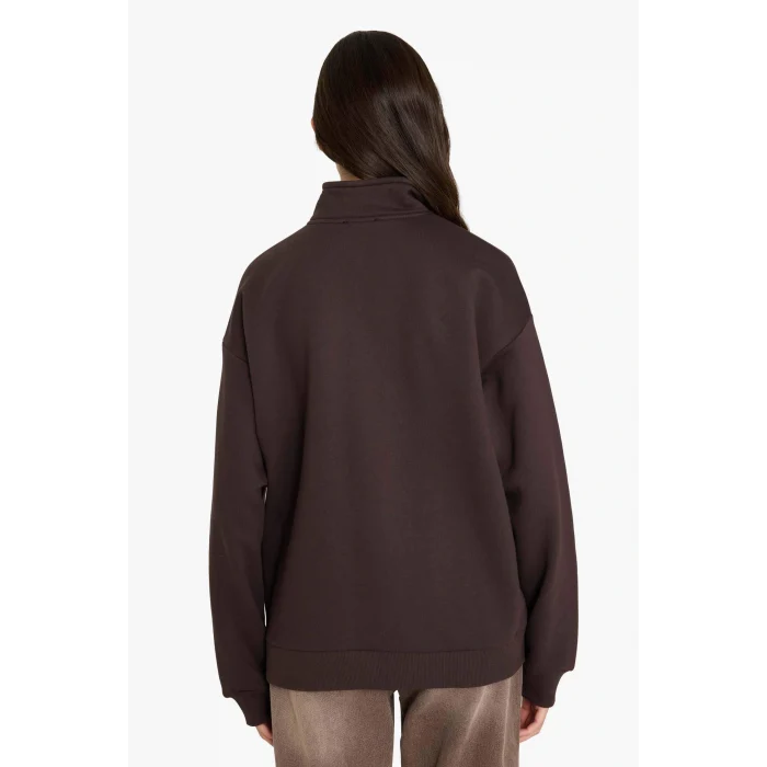 Defacto G3716AXBN338 Kahve Oversize Geniş Kalıp Yarım Fermuarlı Baskılı Sweatshirt