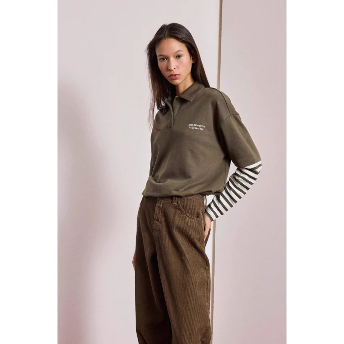 Defacto G3675AXKH260 Haki Loose Fit Polo Yaka Baskılı Uzun Kollu Tişört