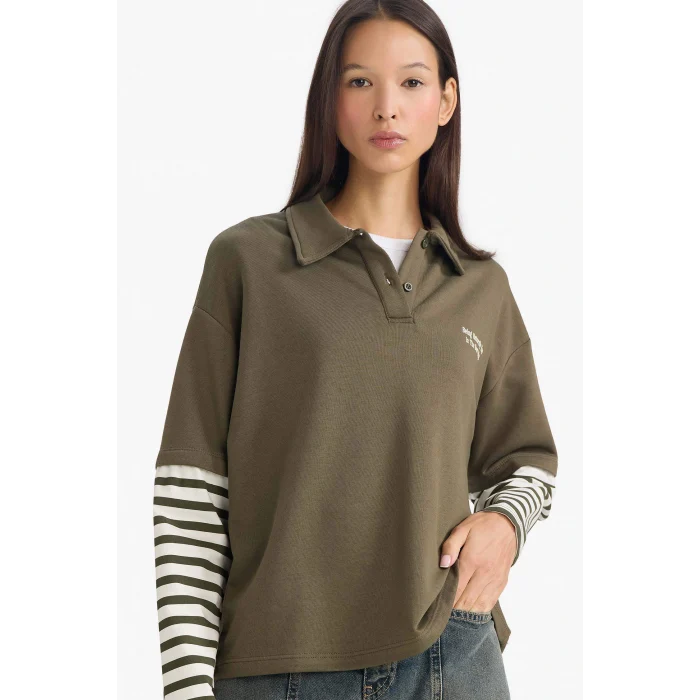 Defacto G3675AXKH260 Haki Loose Fit Polo Yaka Baskılı Uzun Kollu Tişört