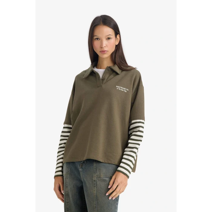 Defacto G3675AXKH260 Haki Loose Fit Polo Yaka Baskılı Uzun Kollu Tişört