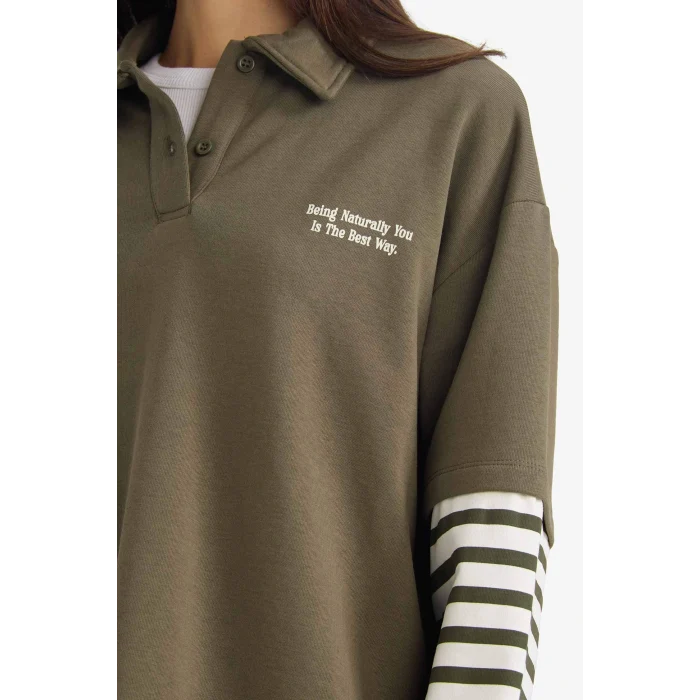 Defacto G3675AXKH260 Haki Loose Fit Polo Yaka Baskılı Uzun Kollu Tişört