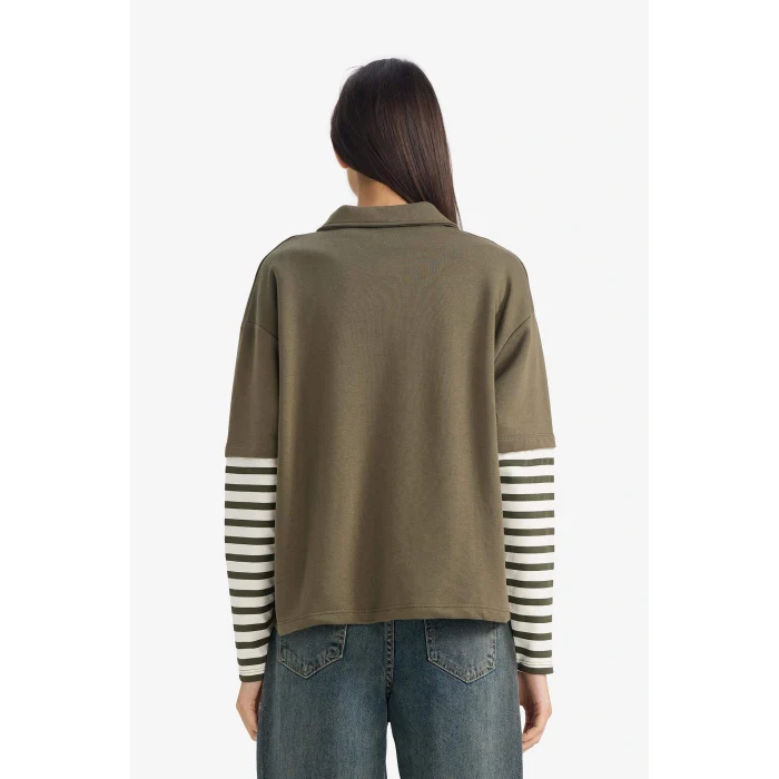 Defacto G3675AXKH260 Haki Loose Fit Polo Yaka Baskılı Uzun Kollu Tişört