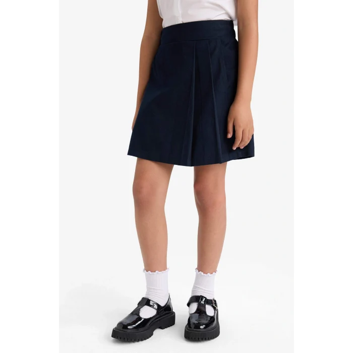 Defacto F1418A8NV253 Lacivert Kız Çocuk Okul Pileli Beli Lastikli Gabardin Şort Etek