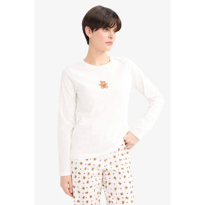 Defacto G3349AXER85 Ekru Pijama Takımı Regular Fit Baskılı Uzun Kollu Üst Desenli Uzun Alt-Fall in Love