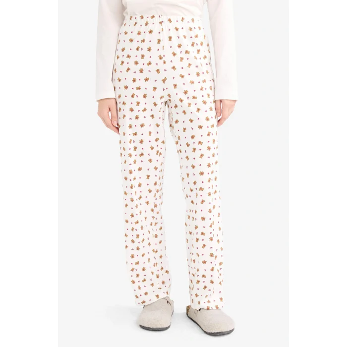 Defacto G3349AXER85 Ekru Pijama Takımı Regular Fit Baskılı Uzun Kollu Üst Desenli Uzun Alt-Fall in Love