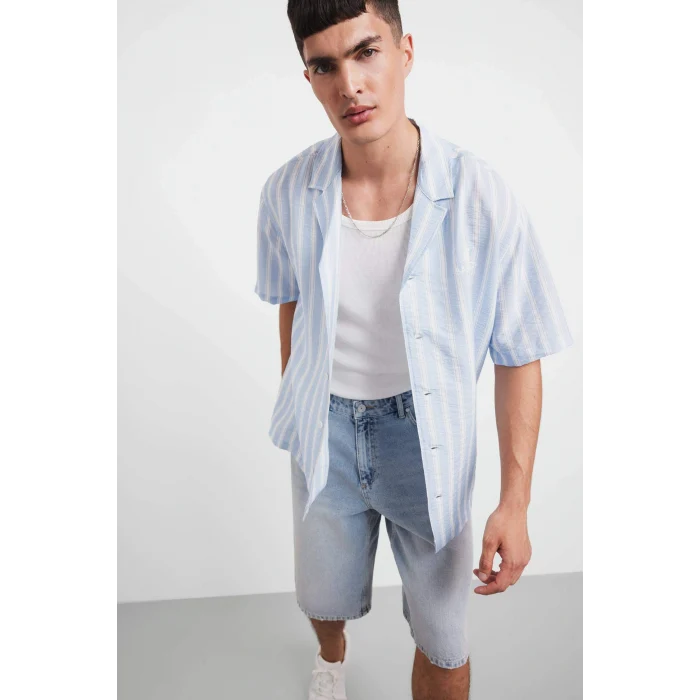 Defacto F5747AXBE299 Mavi Relax Fit Apaş Yaka Baskılı Dokuma Çizgili Kısa Kollu Gömlek