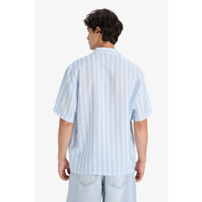 Defacto F5747AXBE299 Mavi Relax Fit Apaş Yaka Baskılı Dokuma Çizgili Kısa Kollu Gömlek