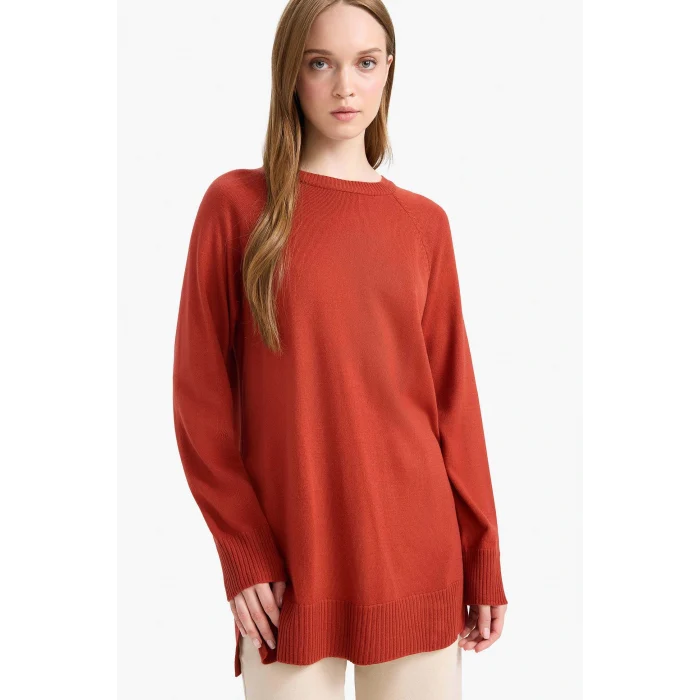 Defacto C4474AXOG215 Turuncu Regular Fit Bisiklet Yaka Basic Düz Triko Kazak Tunik