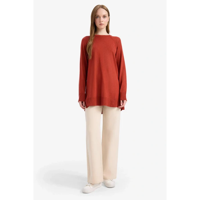 Defacto C4474AXOG215 Turuncu Regular Fit Bisiklet Yaka Basic Düz Triko Kazak Tunik