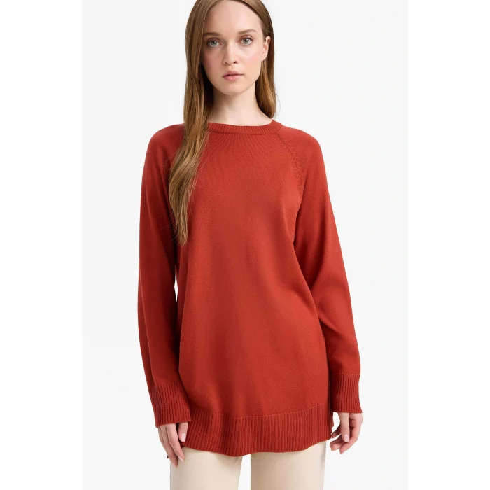 Defacto C4474AXOG215 Turuncu Regular Fit Bisiklet Yaka Basic Düz Triko Kazak Tunik