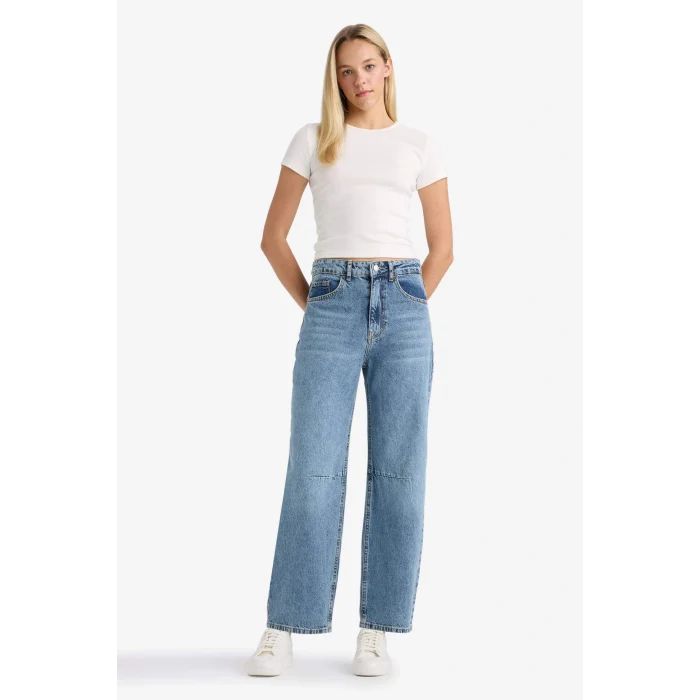 Defacto F6102AXNM28 Mavi Barrel Fit Normal Bel Bilek Boy Jean Yıkamalı Pantolon