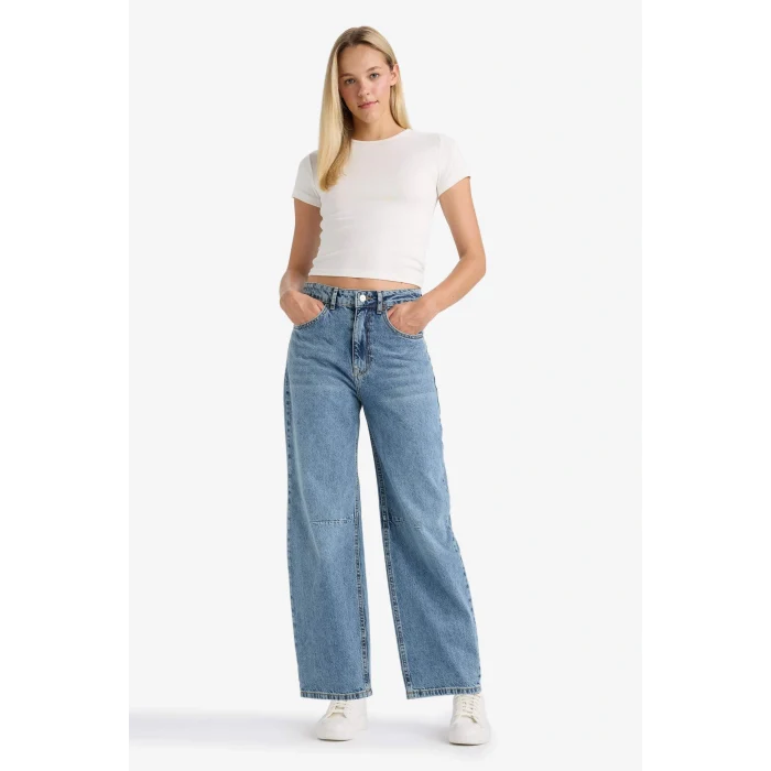 Defacto F6102AXNM28 Mavi Barrel Fit Normal Bel Bilek Boy Jean Yıkamalı Pantolon