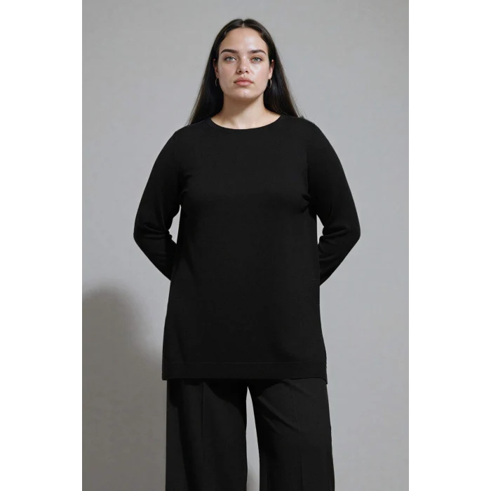Defacto H3431AZBK27 Siyah Regular Fit Bisiklet Yaka Yırtmaçlı Basic Düz Triko Kazak Tunik