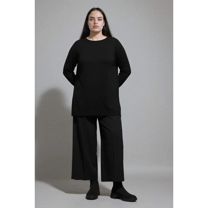 Defacto H3431AZBK27 Siyah Regular Fit Bisiklet Yaka Yırtmaçlı Basic Düz Triko Kazak Tunik