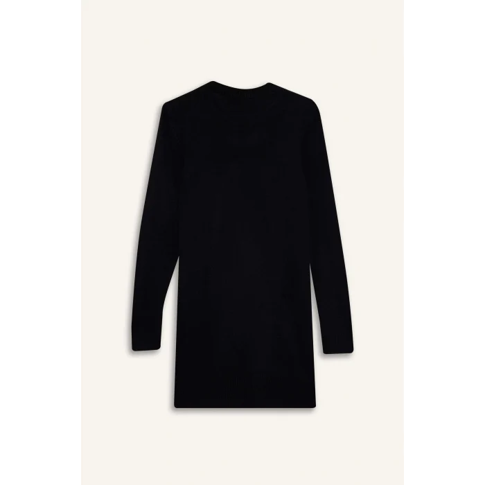 Defacto H3431AZBK27 Siyah Regular Fit Bisiklet Yaka Yırtmaçlı Basic Düz Triko Kazak Tunik