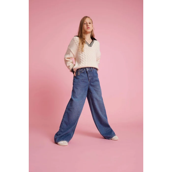 Defacto G3610A8NM28 Mavi Kız Çocuk Wide Leg Geniş Paça Jean Pantolon