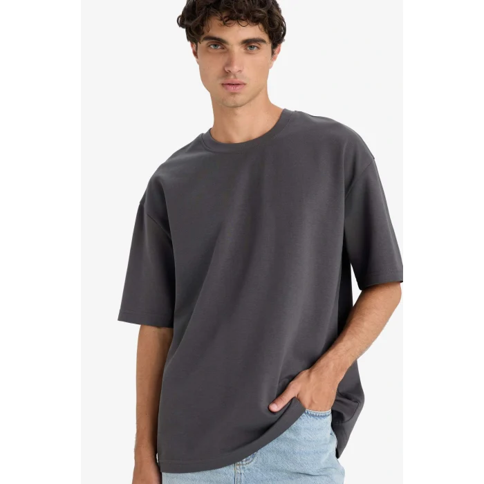 Defacto E9798AXAR104 Antrasit Oversize Geniş Kalıp Bisiklet Yaka Ağır Kumaş Basic Düz Kısa Kollu Tişört