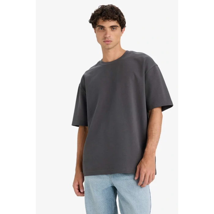 Defacto E9798AXAR104 Antrasit Oversize Geniş Kalıp Bisiklet Yaka Ağır Kumaş Basic Düz Kısa Kollu Tişört