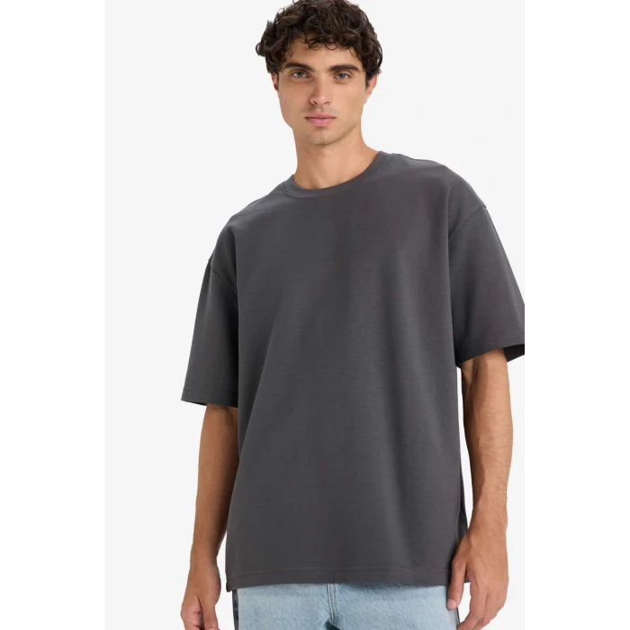 Defacto E9798AXAR104 Antrasit Oversize Geniş Kalıp Bisiklet Yaka Ağır Kumaş Basic Düz Kısa Kollu Tişört