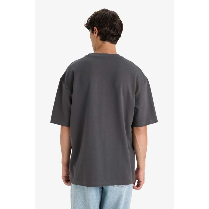 Defacto E9798AXAR104 Antrasit Oversize Geniş Kalıp Bisiklet Yaka Ağır Kumaş Basic Düz Kısa Kollu Tişört