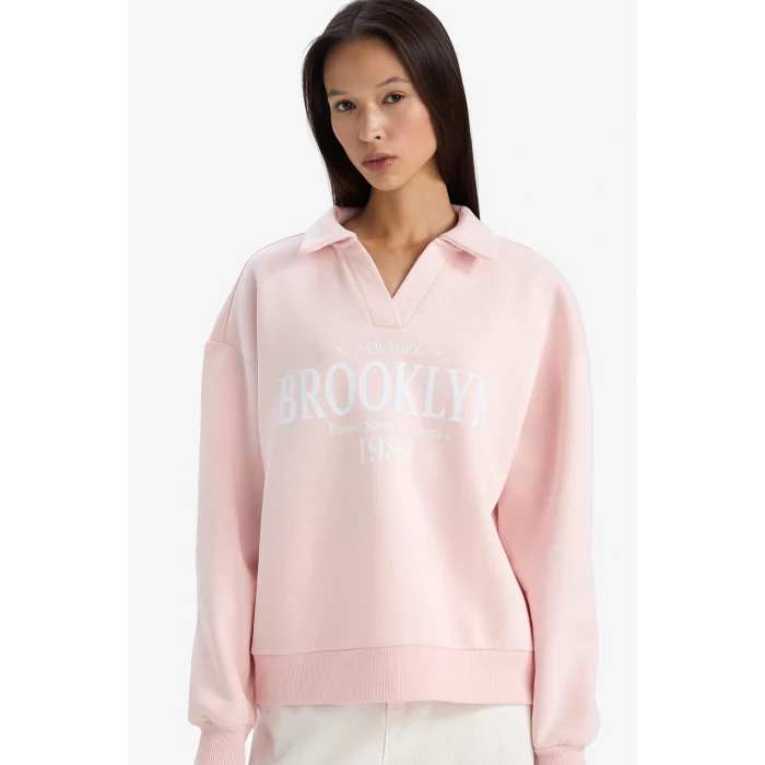 Defacto G6412AXPN364 Pembe Relax Fit Polo Yaka Baskılı Kalın Sweatshirt