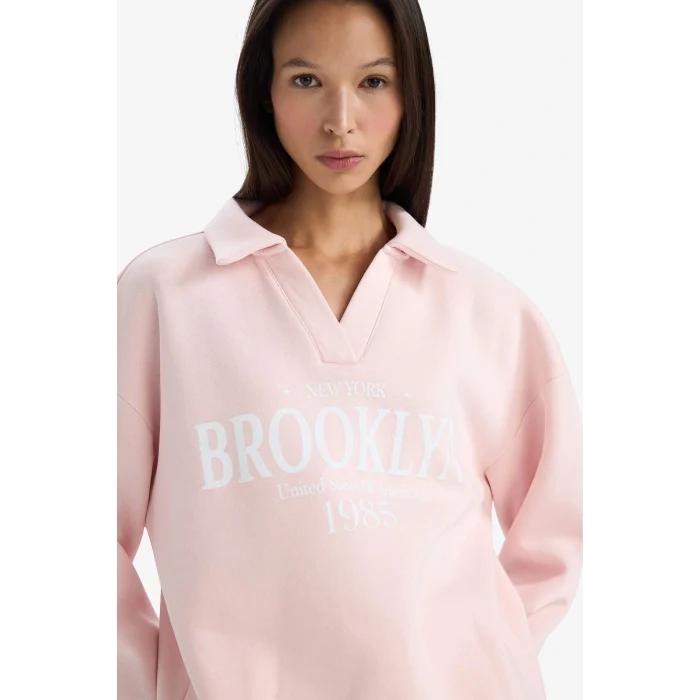 Defacto G6412AXPN364 Pembe Relax Fit Polo Yaka Baskılı Kalın Sweatshirt
