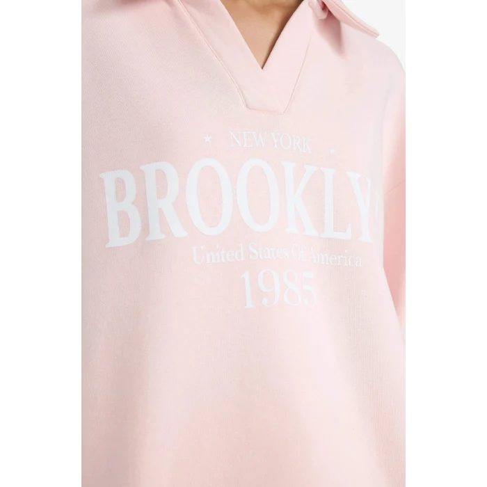 Defacto G6412AXPN364 Pembe Relax Fit Polo Yaka Baskılı Kalın Sweatshirt