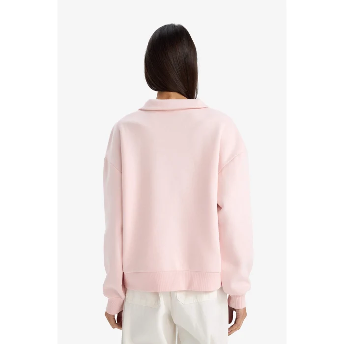 Defacto G6412AXPN364 Pembe Relax Fit Polo Yaka Baskılı Kalın Sweatshirt