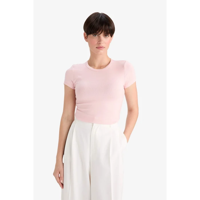 Defacto G2761AXPN638 Pembe Slim Fit Dar Kesim Bisiklet Yaka Kısa Kollu Tişört