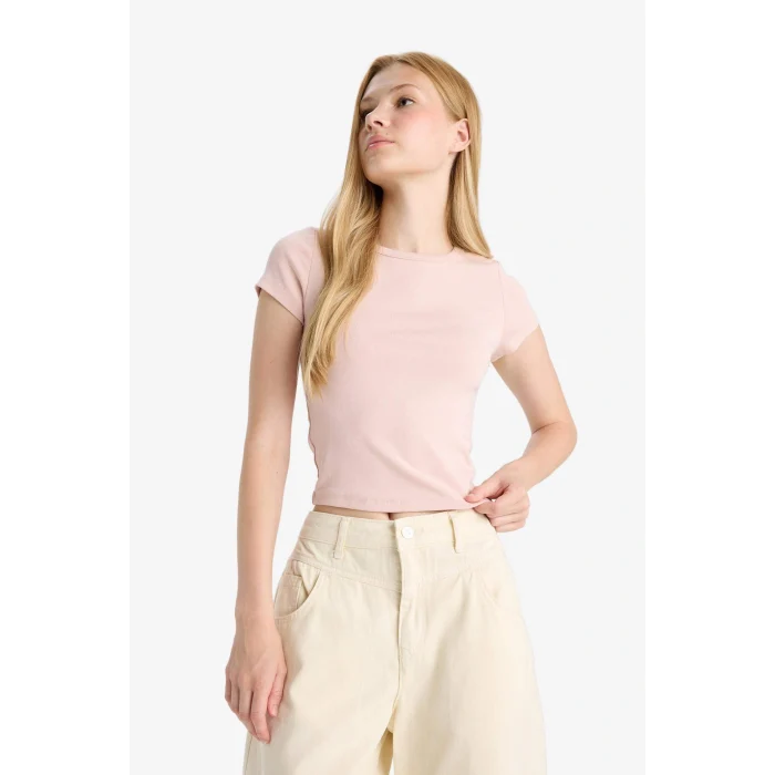 Defacto E0288AXBR476 Bordo Coool Fitted Bisiklet Yaka Ribana Kısa Kollu Tişört