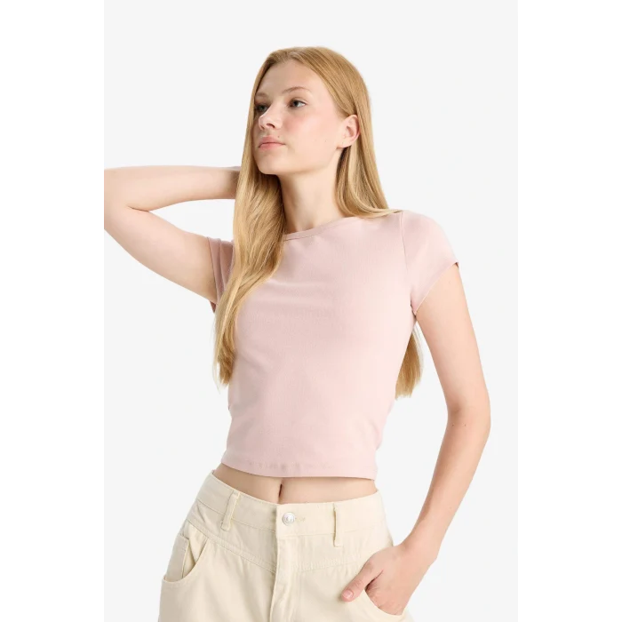 Defacto E0288AXBR476 Bordo Coool Fitted Bisiklet Yaka Ribana Kısa Kollu Tişört