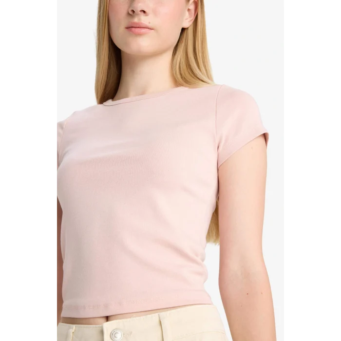 Defacto E0288AXBR476 Bordo Coool Fitted Bisiklet Yaka Ribana Kısa Kollu Tişört