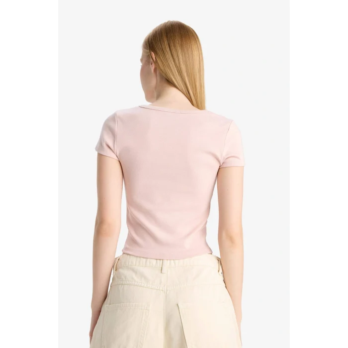 Defacto E0288AXBR476 Bordo Coool Fitted Bisiklet Yaka Ribana Kısa Kollu Tişört