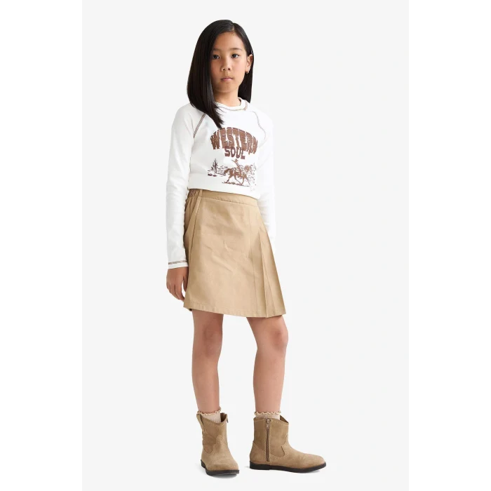 Defacto F1418A8BG219 Bej Kız Çocuk Okul Pileli Beli Lastikli Gabardin Şort Etek