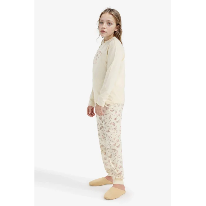 Defacto F6231A8ER91 Ekru Kız Çocuk Pijama Takımı Baskılı Uzun Kollu Üst Desenli Uzun Alt