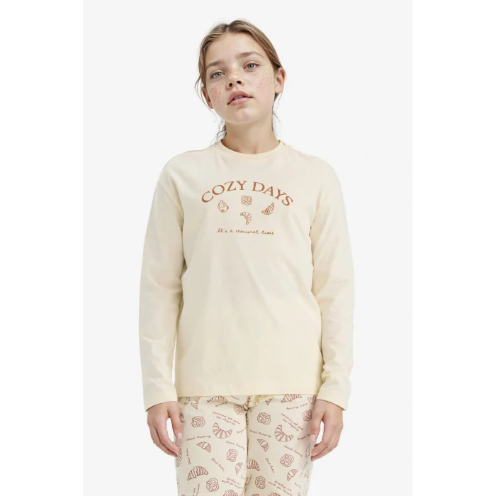 Defacto F6231A8ER91 Ekru Kız Çocuk Pijama Takımı Baskılı Uzun Kollu Üst Desenli Uzun Alt