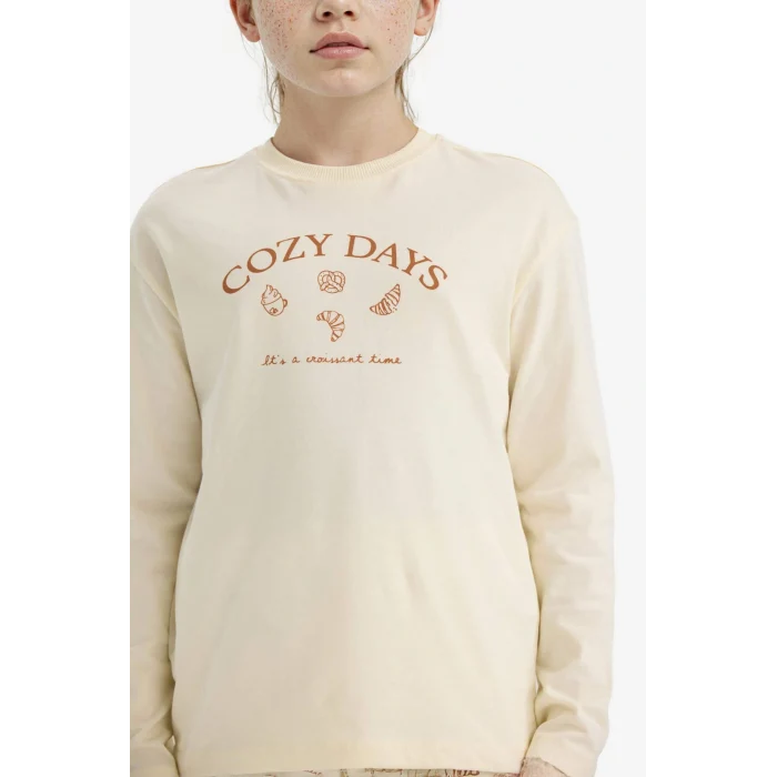 Defacto F6231A8ER91 Ekru Kız Çocuk Pijama Takımı Baskılı Uzun Kollu Üst Desenli Uzun Alt