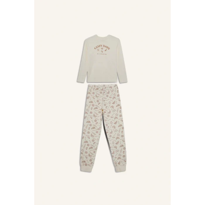 Defacto F6231A8ER91 Ekru Kız Çocuk Pijama Takımı Baskılı Uzun Kollu Üst Desenli Uzun Alt