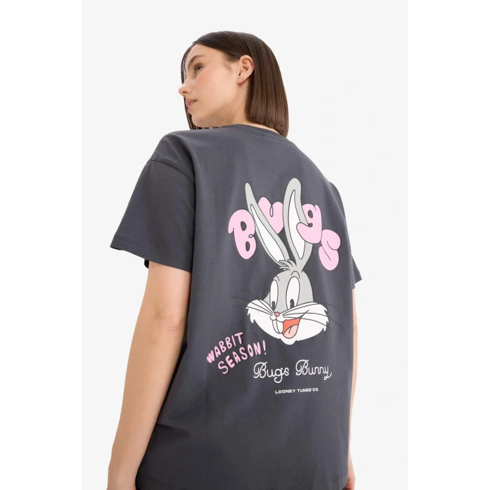 Defacto E9847AXAR191 Antrasit Coool Looney Tunes Oversize Geniş Kalıp Sırt Baskılı Kısa Kollu Tişört