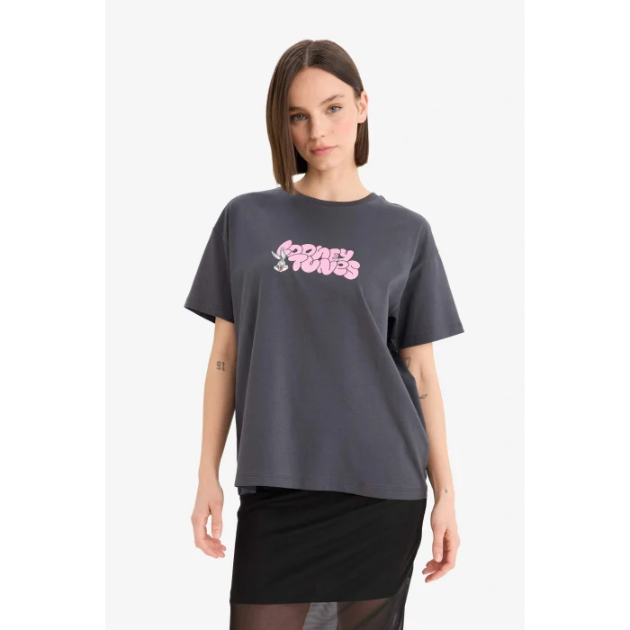 Defacto E9847AXAR191 Antrasit Coool Looney Tunes Oversize Geniş Kalıp Sırt Baskılı Kısa Kollu Tişört