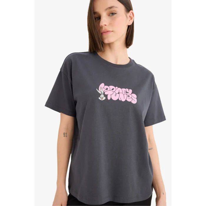 Defacto E9847AXAR191 Antrasit Coool Looney Tunes Oversize Geniş Kalıp Sırt Baskılı Kısa Kollu Tişört