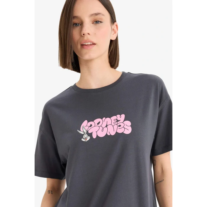 Defacto E9847AXAR191 Antrasit Coool Looney Tunes Oversize Geniş Kalıp Sırt Baskılı Kısa Kollu Tişört