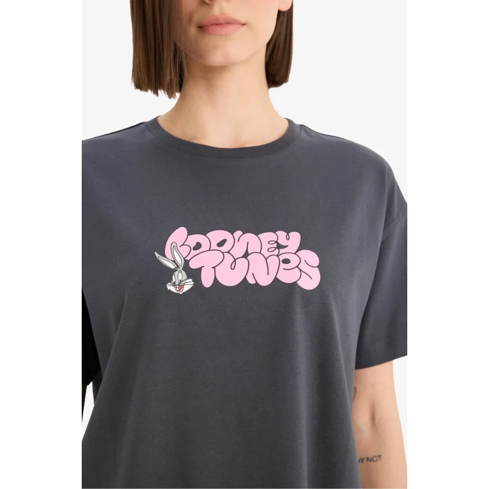 Defacto E9847AXAR191 Antrasit Coool Looney Tunes Oversize Geniş Kalıp Sırt Baskılı Kısa Kollu Tişört