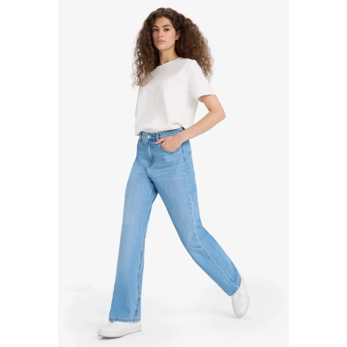 Defacto E9106AXNM85 İndigo 90s Wide Leg Yüksek Bel Uzun Jean Yıkamalı Pantolon