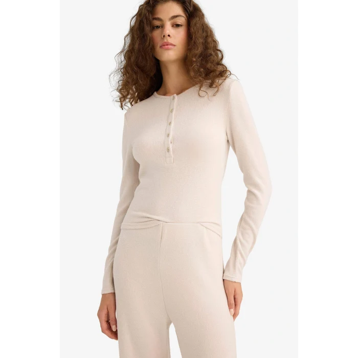 Defacto F1879AXBG583 Bej Fitted Düğmeli Yaka Uzun Kollu Tişört