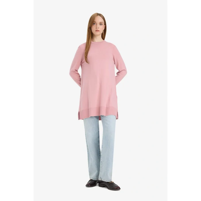 Defacto H3431AZBR96 Bordo Regular Fit Bisiklet Yaka Yırtmaçlı Basic Düz Triko Kazak Tunik