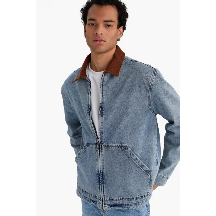 Defacto F8308AXNM39 Mavi Relax Fit Kontrast Yaka Düğmeli Denim Ceket